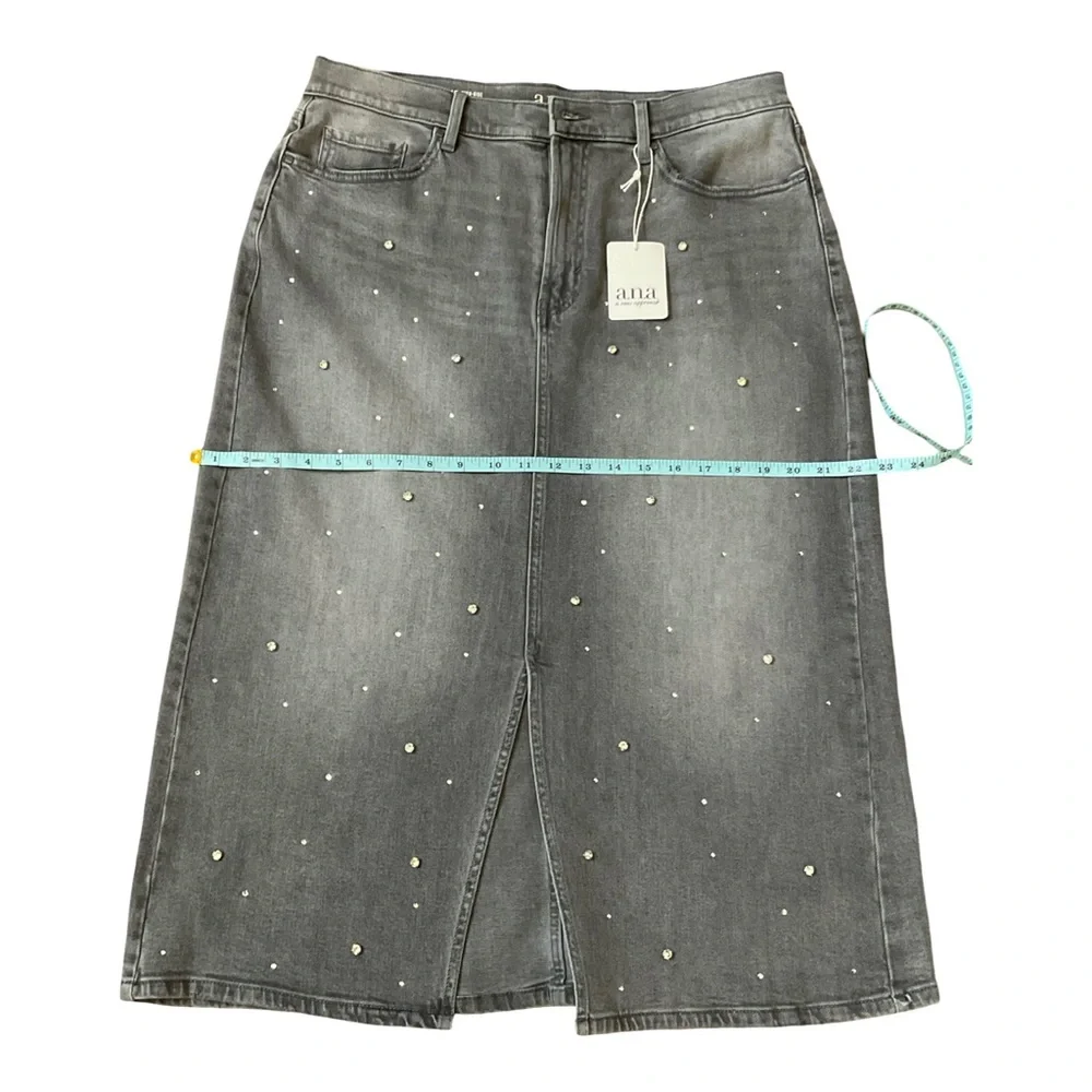 a.n.a High Waist Crystal Embellished Gray Denim Skirt Midi NWT size 12 - Picture 6 of 11